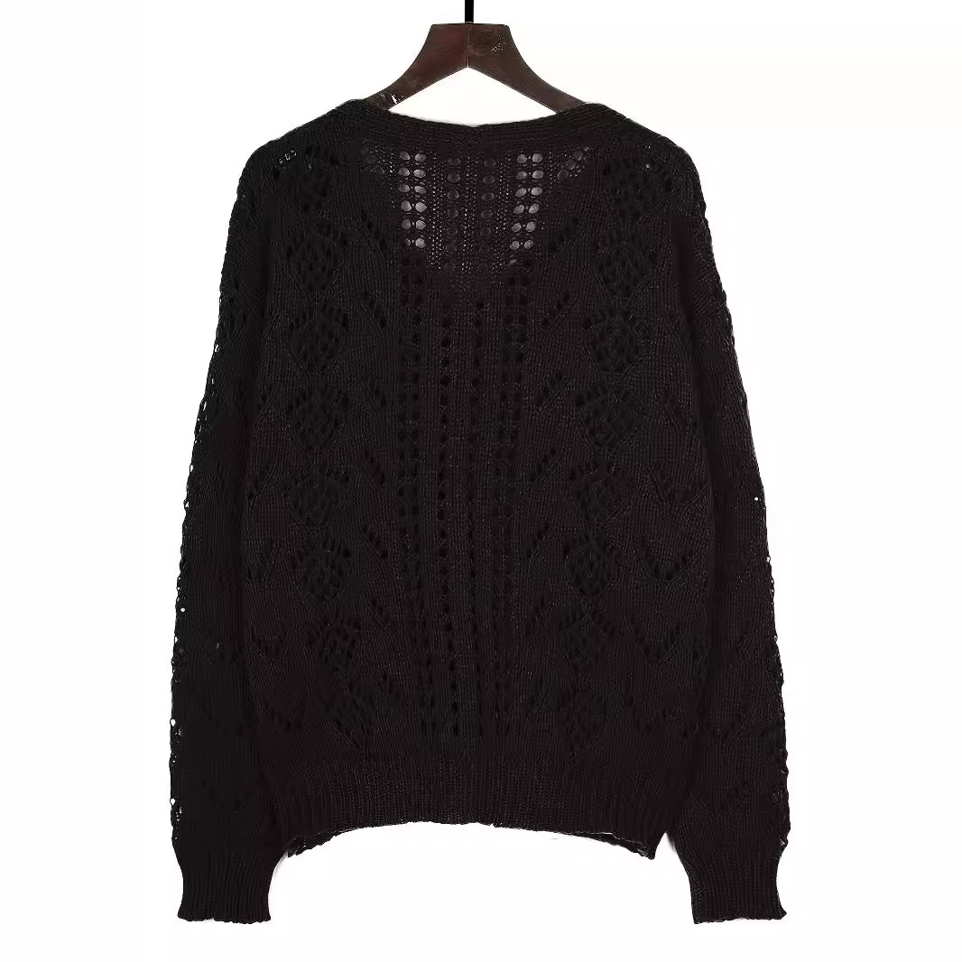 Retro Open-Knit Button-Front Cardigan V-Neck Solid Color Women's Top