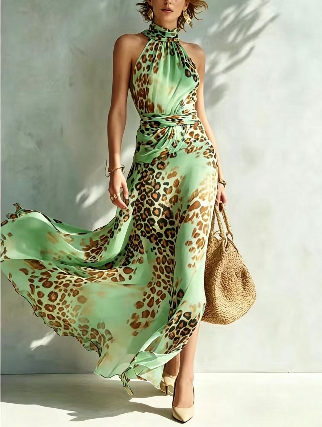 Sleeveless Halter Neck Leopard Print A-Line Maxi Dress
