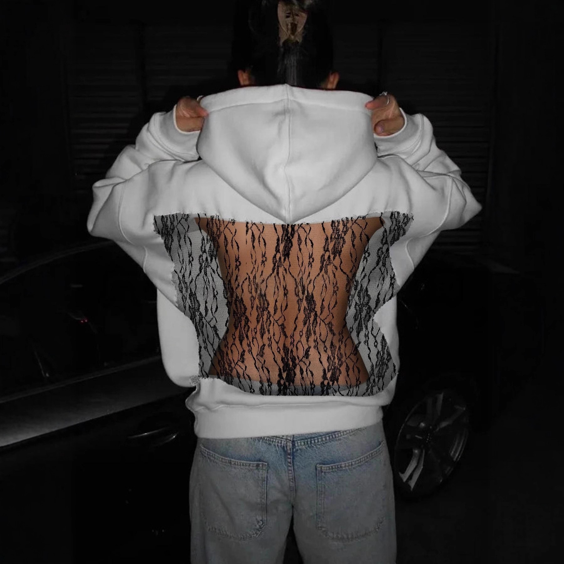 Women's Solid Color Open Back Cutout Mesh Hoodie