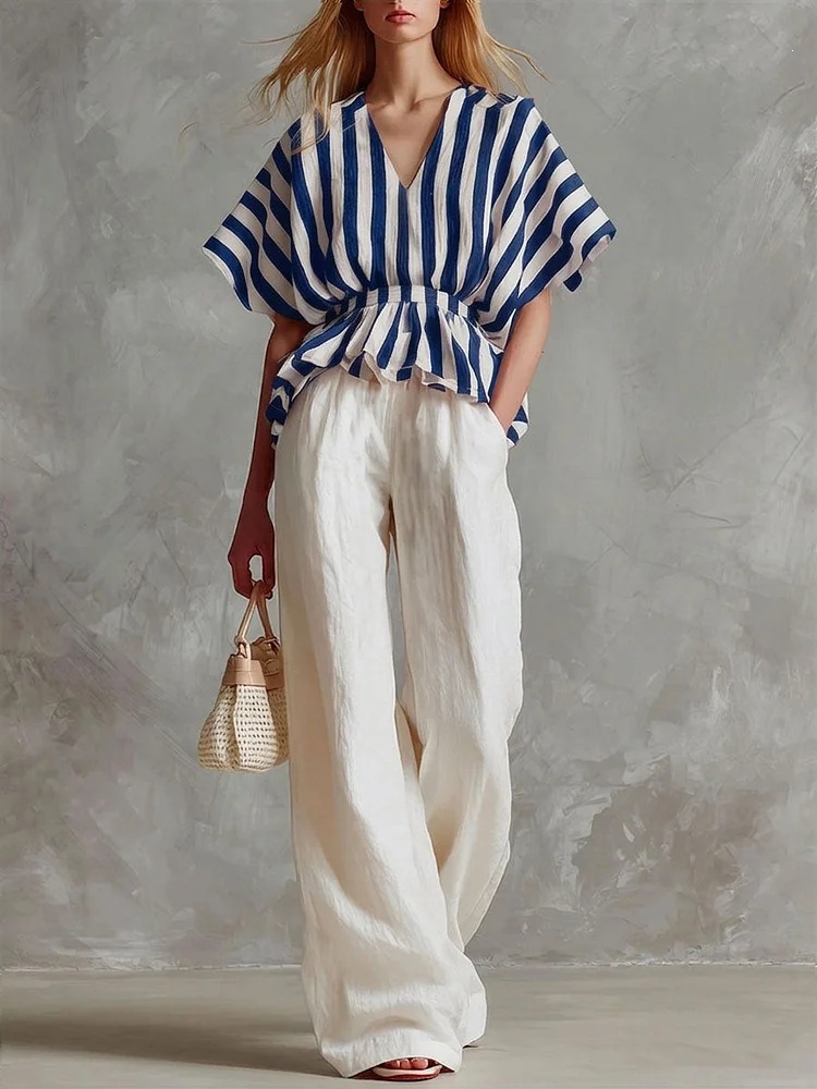 Red and White Striped Top with White Wide-Leg Pants Two-Piece Set