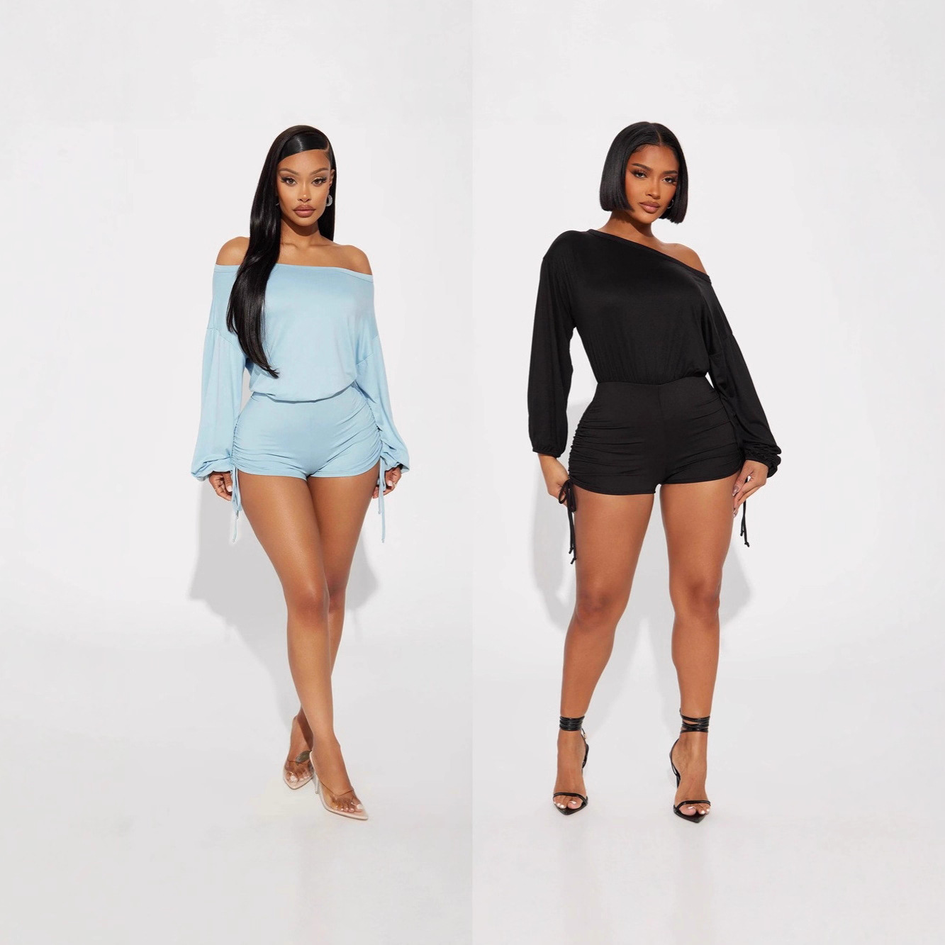 Women's Off-Shoulder Long Sleeve Ruched Drawstring Jumpsuit