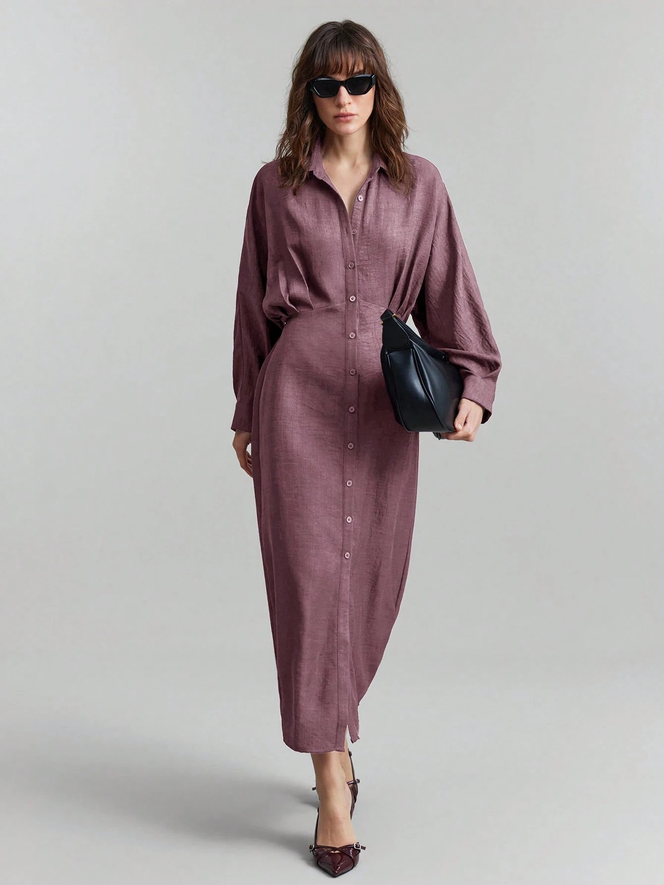 Women's Solid Ruched Waist Slimming Long Sleeve Dress