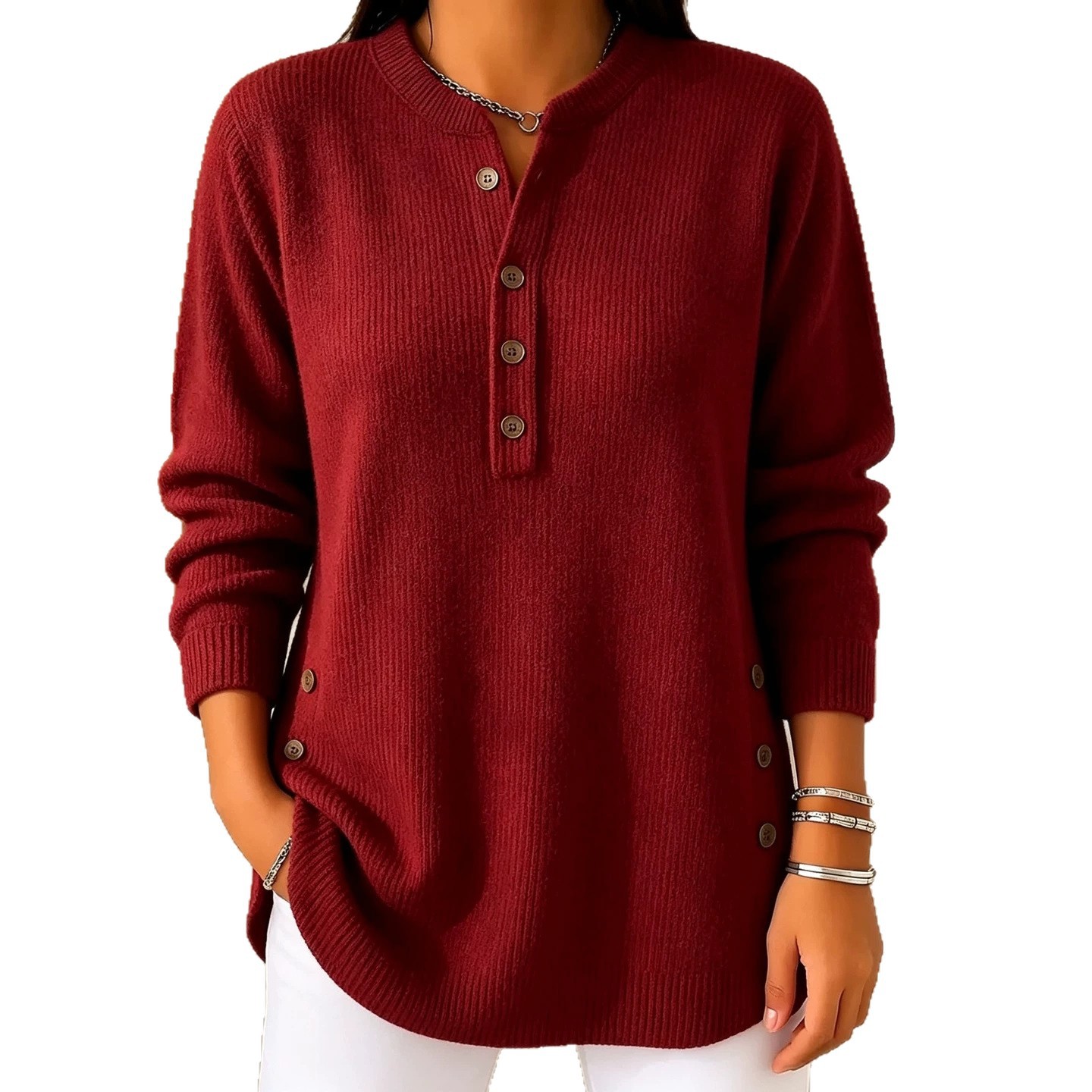 Women's V-Neck Button Knit Sweater Solid Color Loose Fit Top