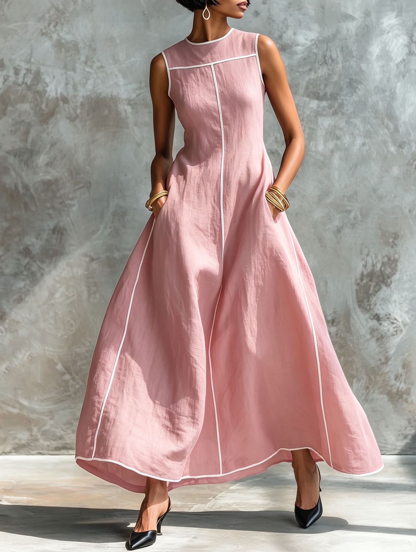 Women's Linen-Blend Sleeveless A-Line Dress with Contrast Trim