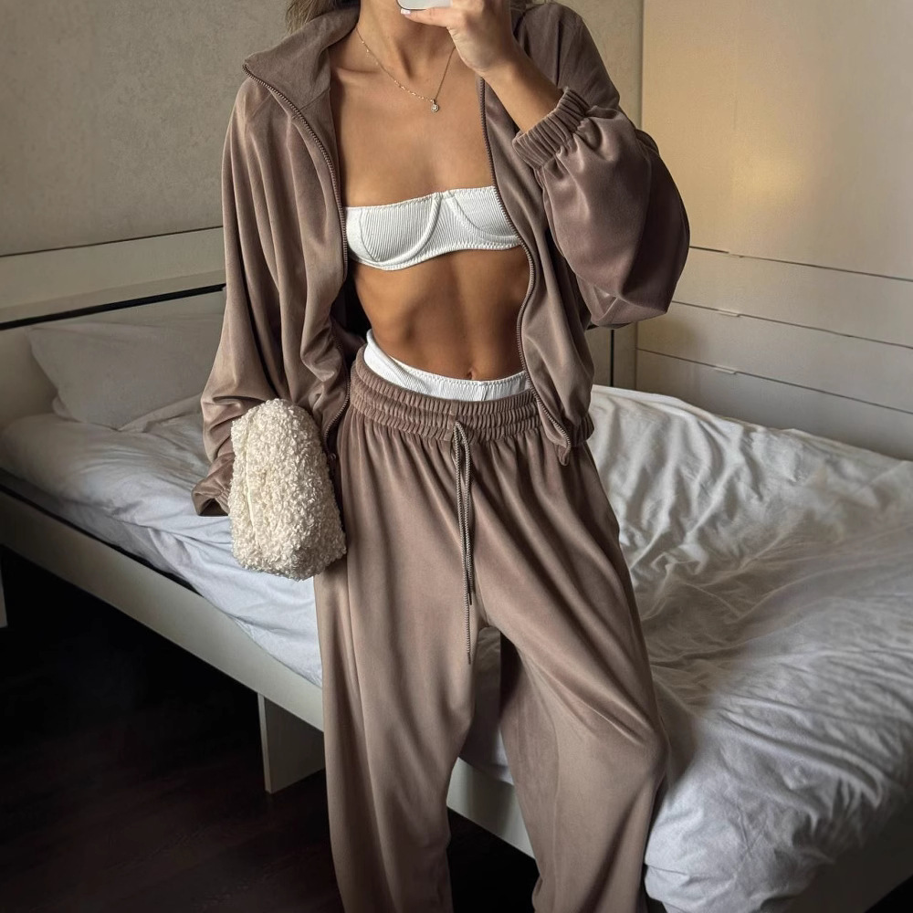 Women's Solid Color Zip-Up Cardigan and Pants Two-Piece Set