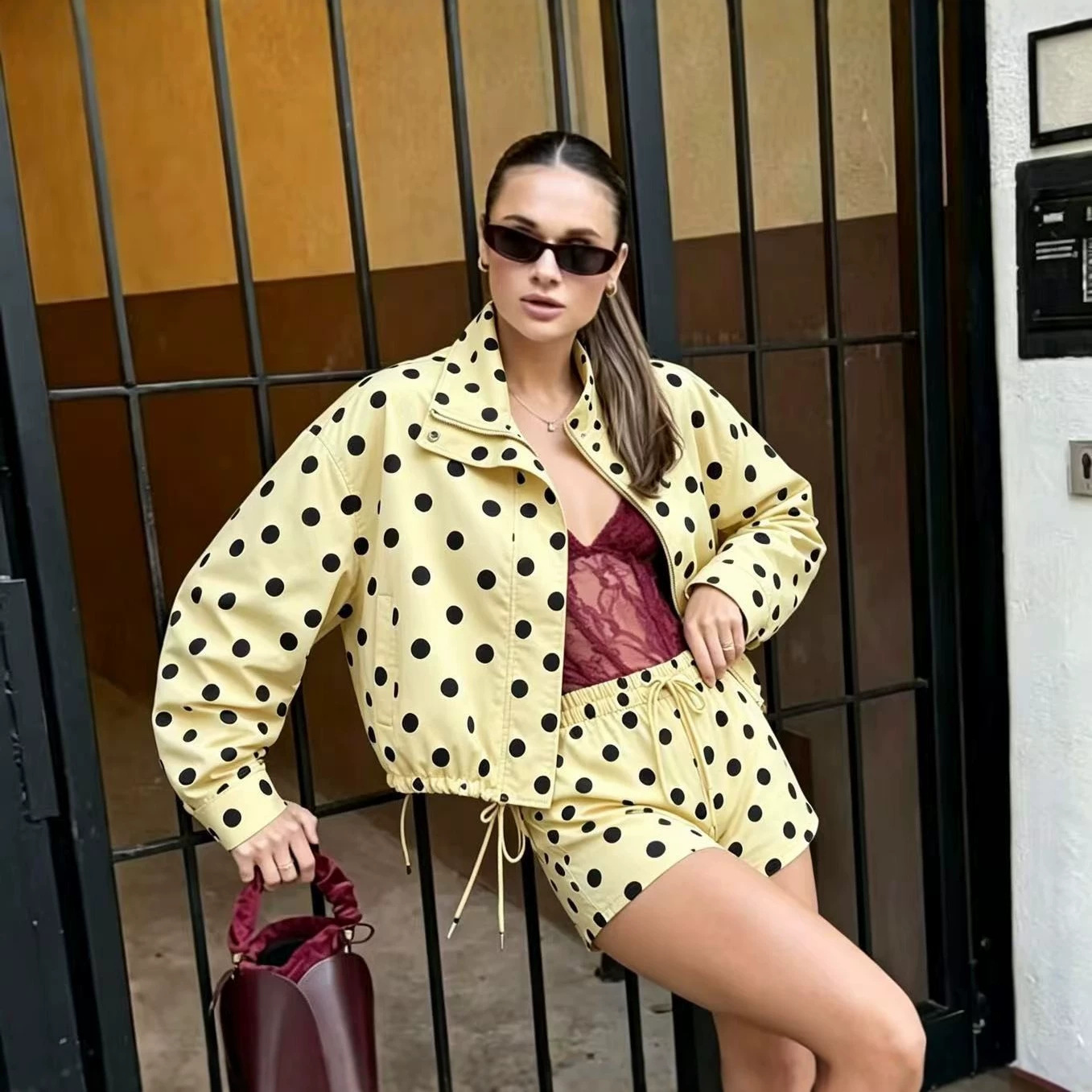 Women's Polka Dot Zip-Up Jacket with Drawstring Stand Collar
