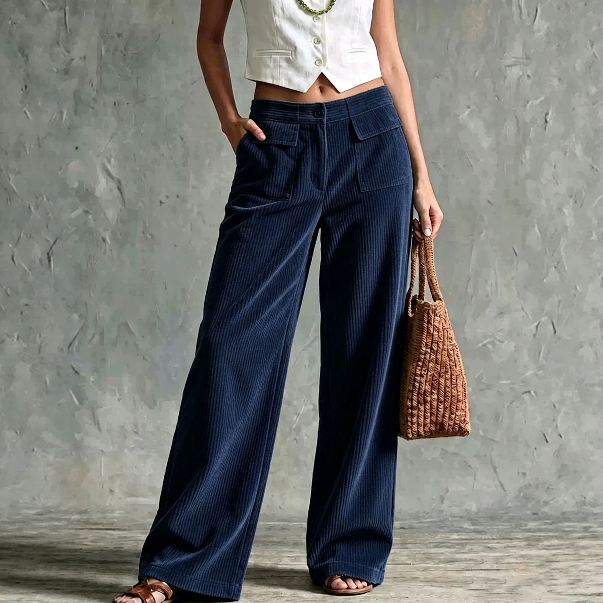 Women's High-Waist Corduroy Wide-Leg Pants Solid Color Casual