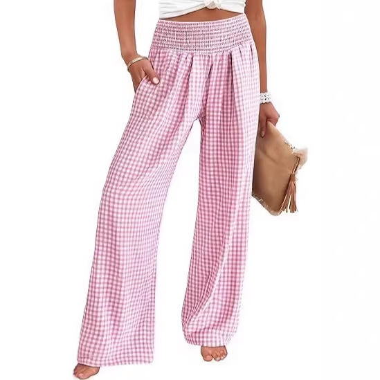 Plaid Wide-Leg Casual Pants with Elastic Waist