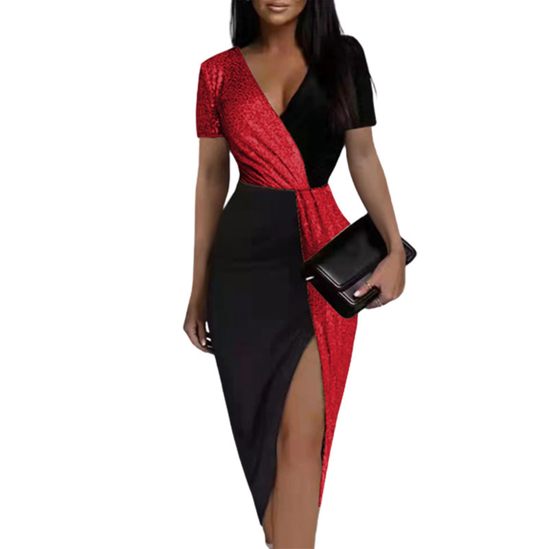 Color-Block Sequin V-Neck Short-Sleeve Dress