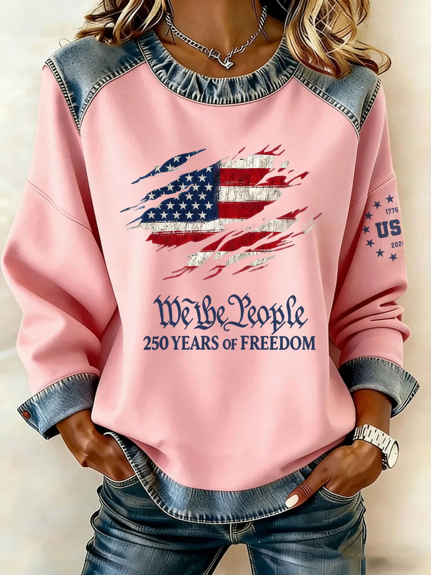 3D Digital Print Denim-Trim Crewneck Sweatshirt