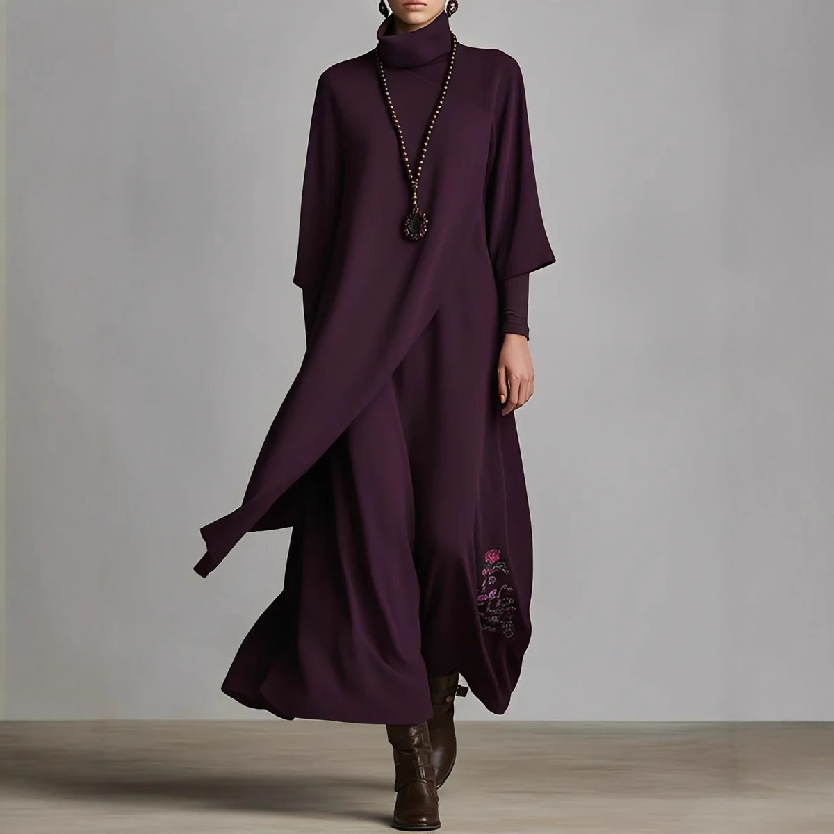 Women's Long Sleeve Loose Embroidered Irregular Waist Dress