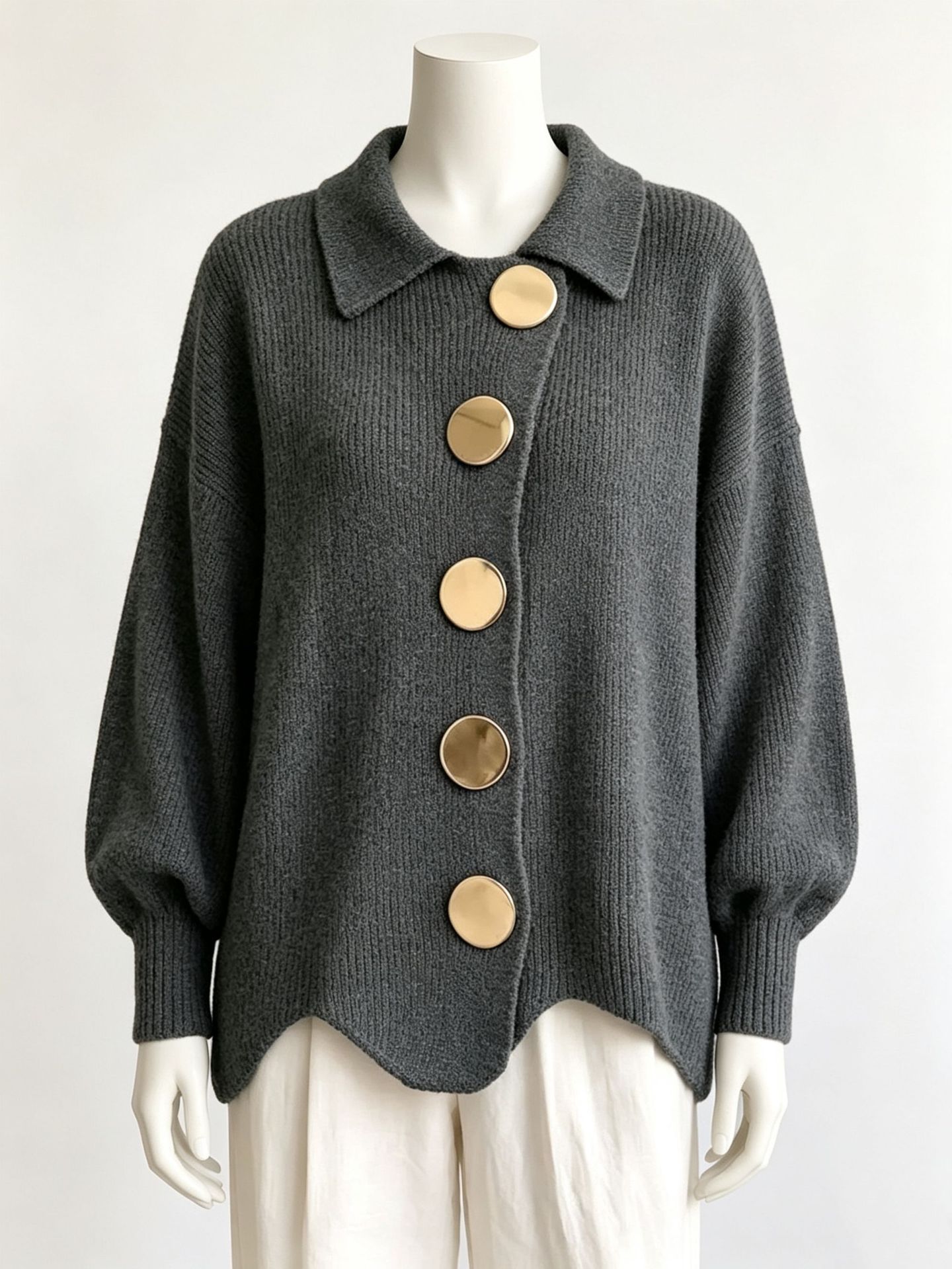 Oversized Knit Cardigan with Lapel Collar and Large Metal Buttons