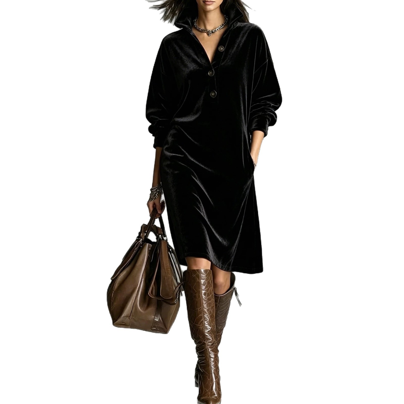 Women's Button-Front Collared Loose Straight Knit Midi Sweater Dress