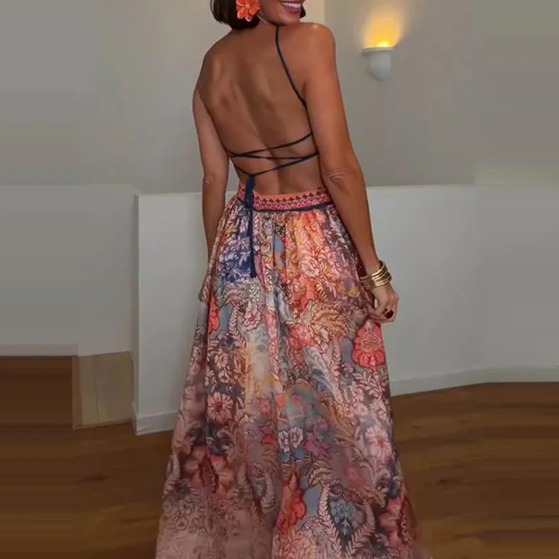 Women's Halter Neck Printed A-Line Maxi Dress