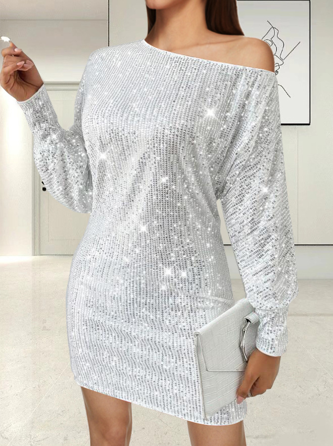 Elegant Solid Sequin Long Sleeve Bodycon Dress