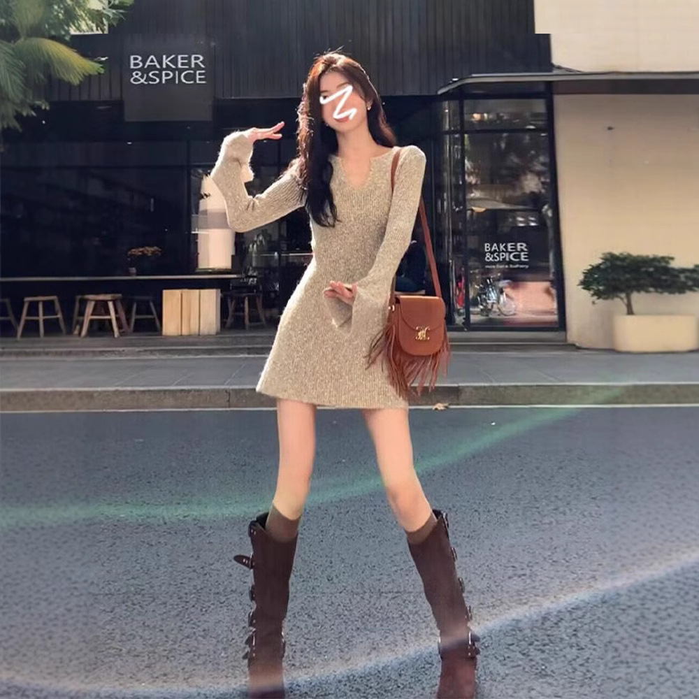 V-Neck Knit Bodycon Mini Dress Slim Fit Long Sleeve