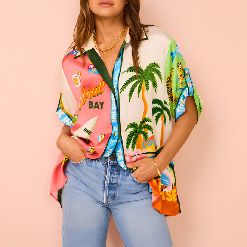 Fashion Print Colorblock Short Sleeve Tie Two-Piece Vacation Set