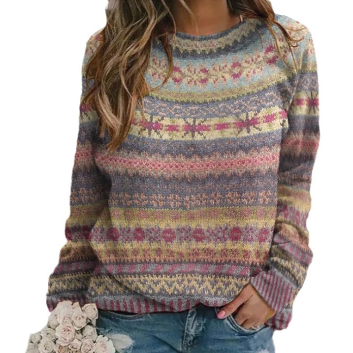 3D Print Women's Sweater Crewneck Pullover Casual Loose Long Sleeve Knit Top