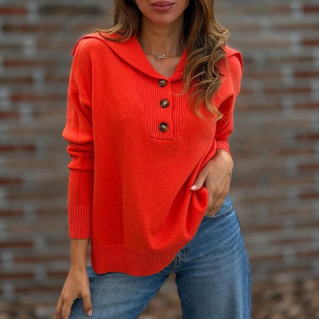 Button-Front Collared Loose Long-Sleeve Solid Sweater