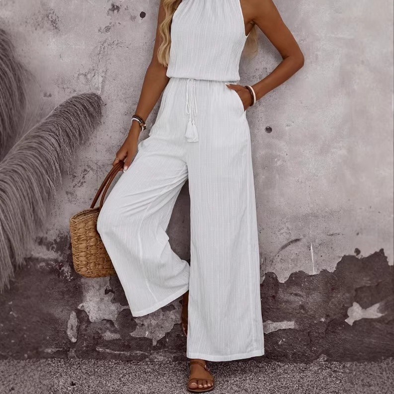 Women's Solid Color Wide-Leg Jumpsuit with Waist Tassel Tie and Pockets