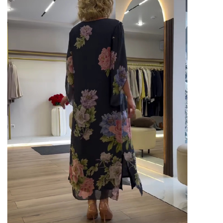 Elegant Floral Round Neck Long Dress