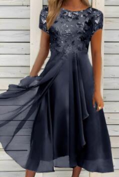 Chiffon Sequin Print Round Neck Maxi Dress