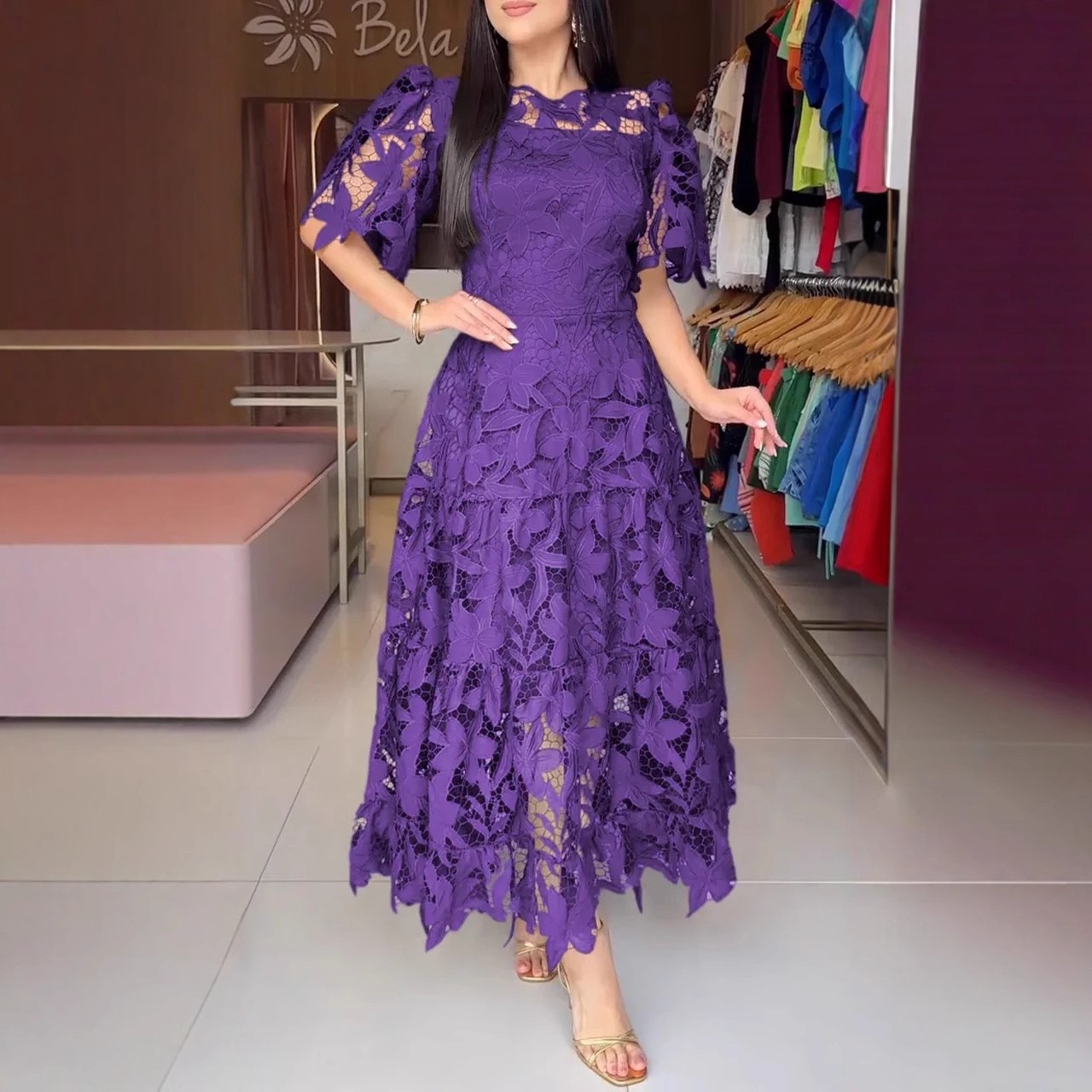 Women's Elegant Round Neck Hollow Lace Dress