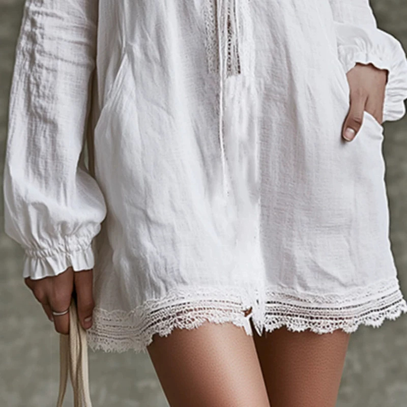 Delicate Lace-Trim White Long-Sleeve Mini Dress