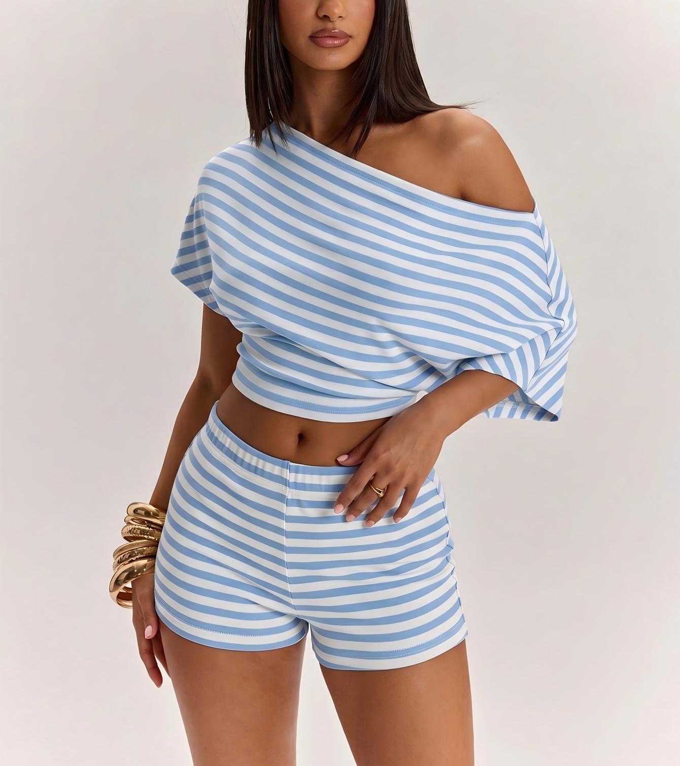 Striped One-Shoulder Short-Sleeve T-Shirt and High-Waist Shorts Set