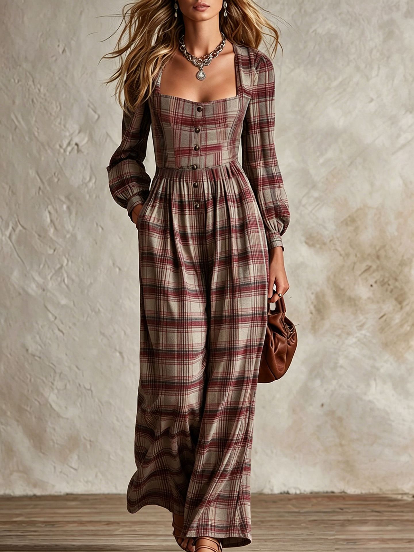Women's Retro Plaid Square Neck Button-Front Wide-Leg Jumpsuit