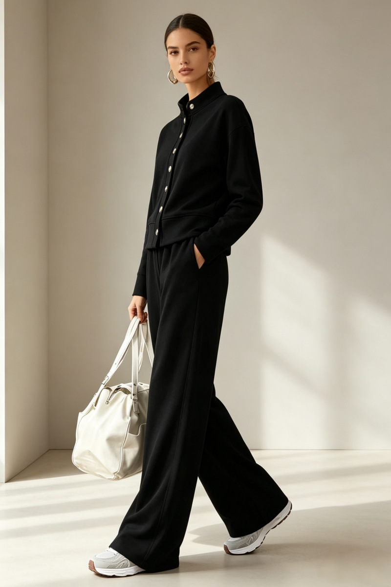 Women's Solid Stand-Collar Cardigan Hoodie & Wide-Leg Pants Set