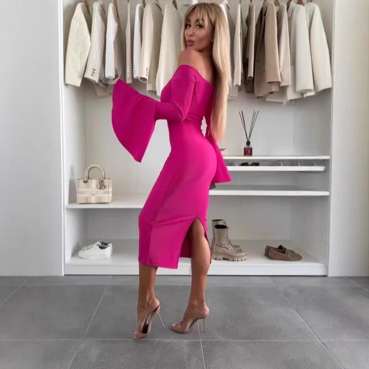 Solid Color Off-Shoulder Flare-Sleeve Slit Dress