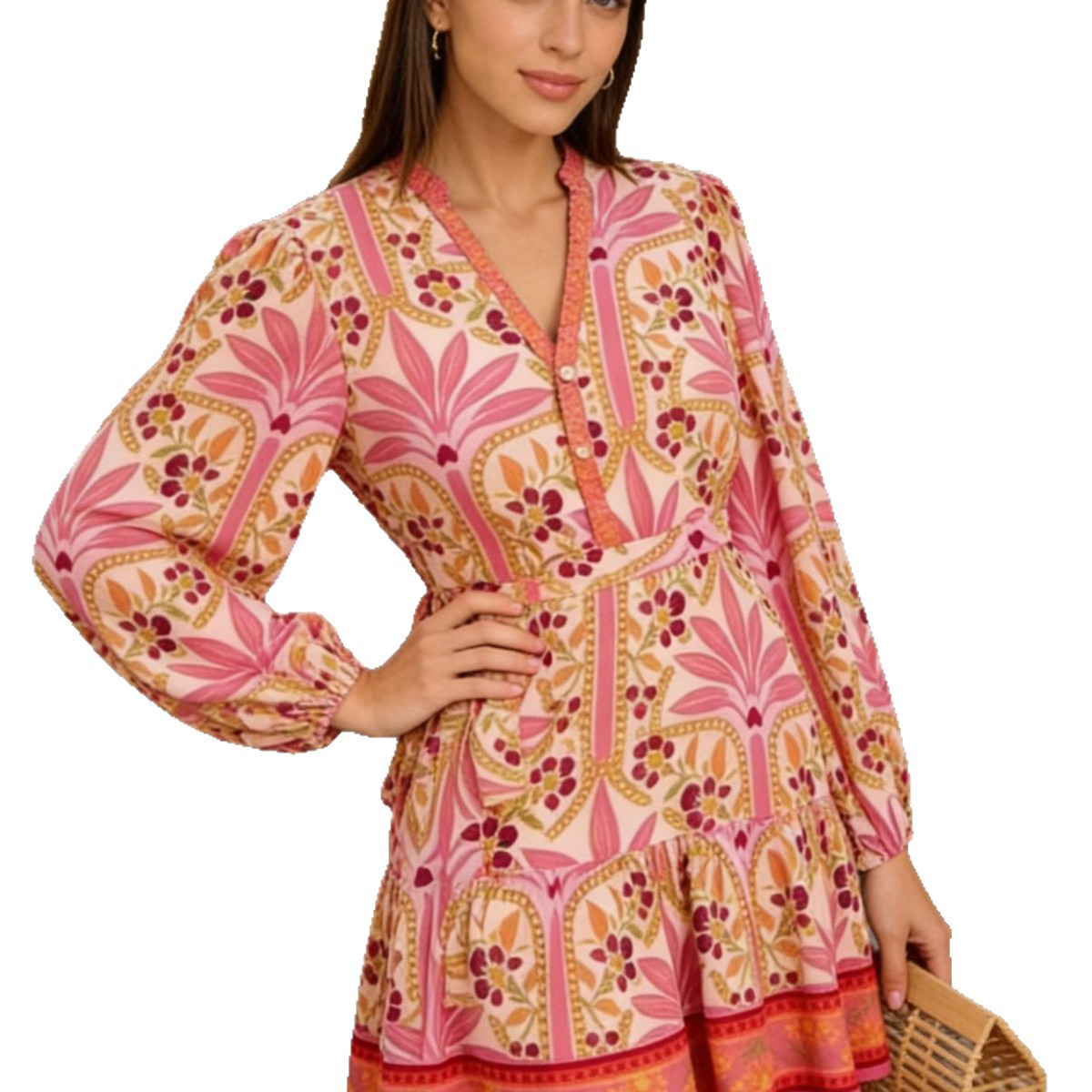Women's Floral Print V-Neck Tassel Boho Midi Dress Long Sleeve