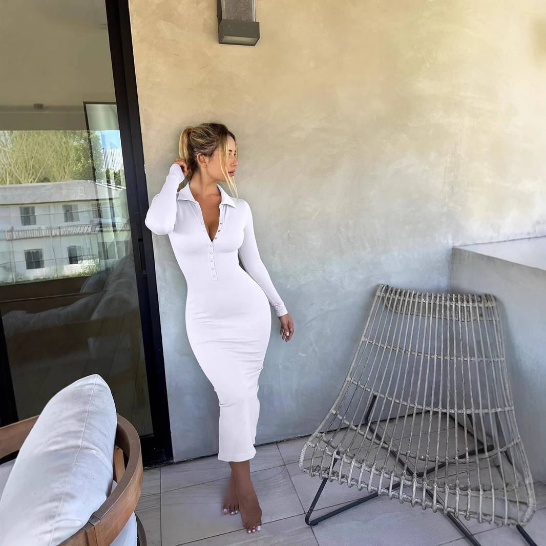 Sexy Ribbed Knit Bodycon Dress with Button Lapel Collar