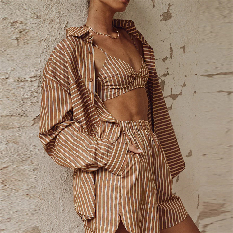 Striped Button-Front Long-Sleeve Collared Shirt & Shorts 3-Piece Set