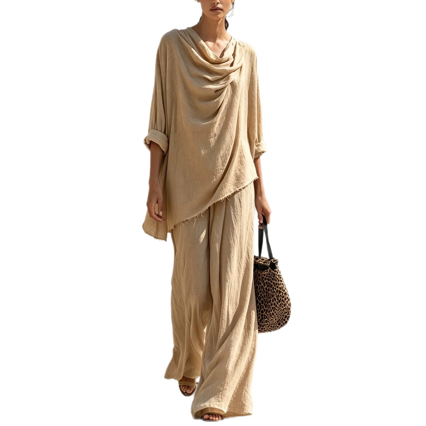 Women's Long Sleeve Frayed Trim Top & Wide Leg Pants Casual Set