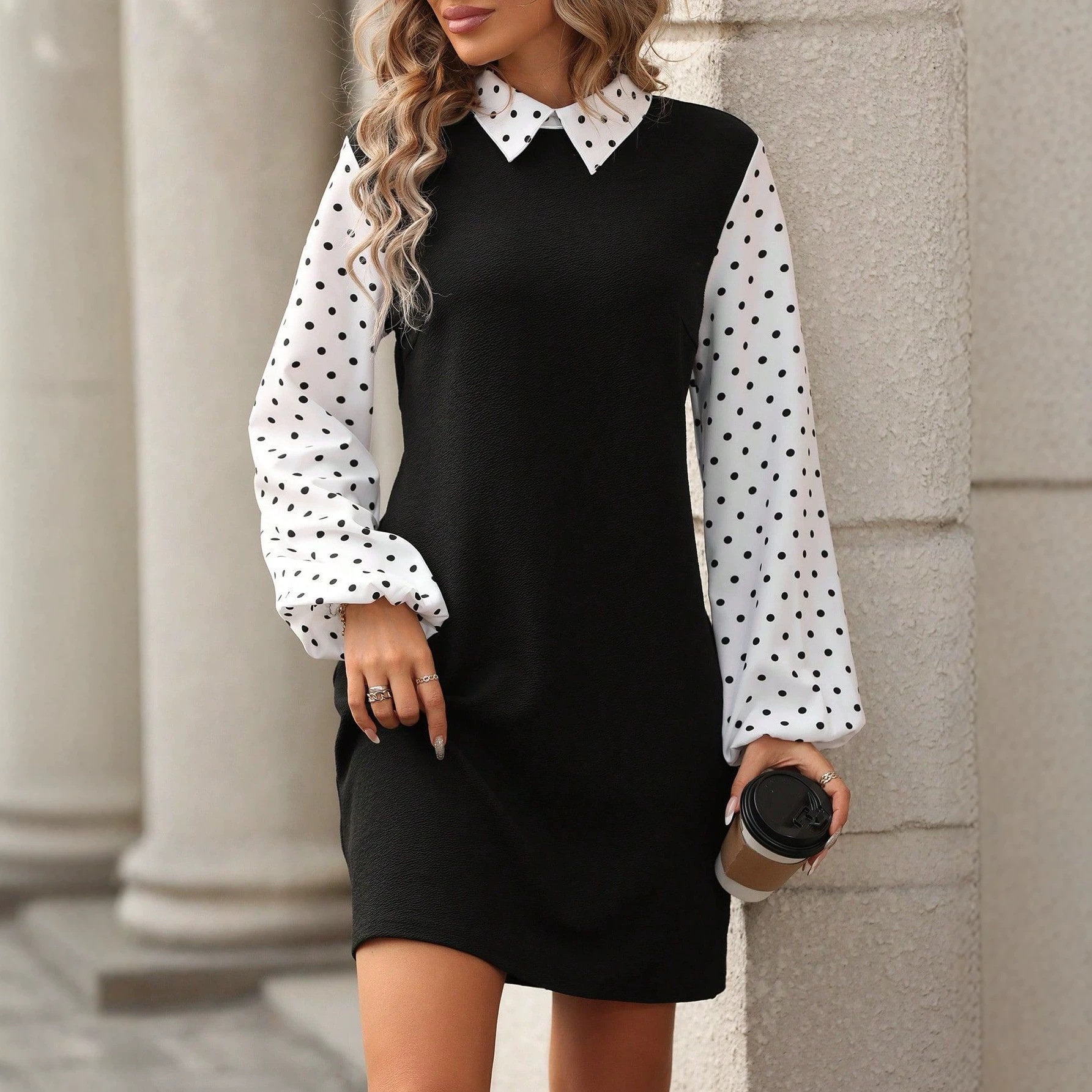 Polka Dot Color-Block Long-Sleeve Dress with Waist-Cinching Slim Fit