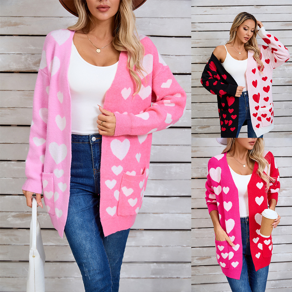 Colorblock Heart Knit Long Cardigan with Pockets