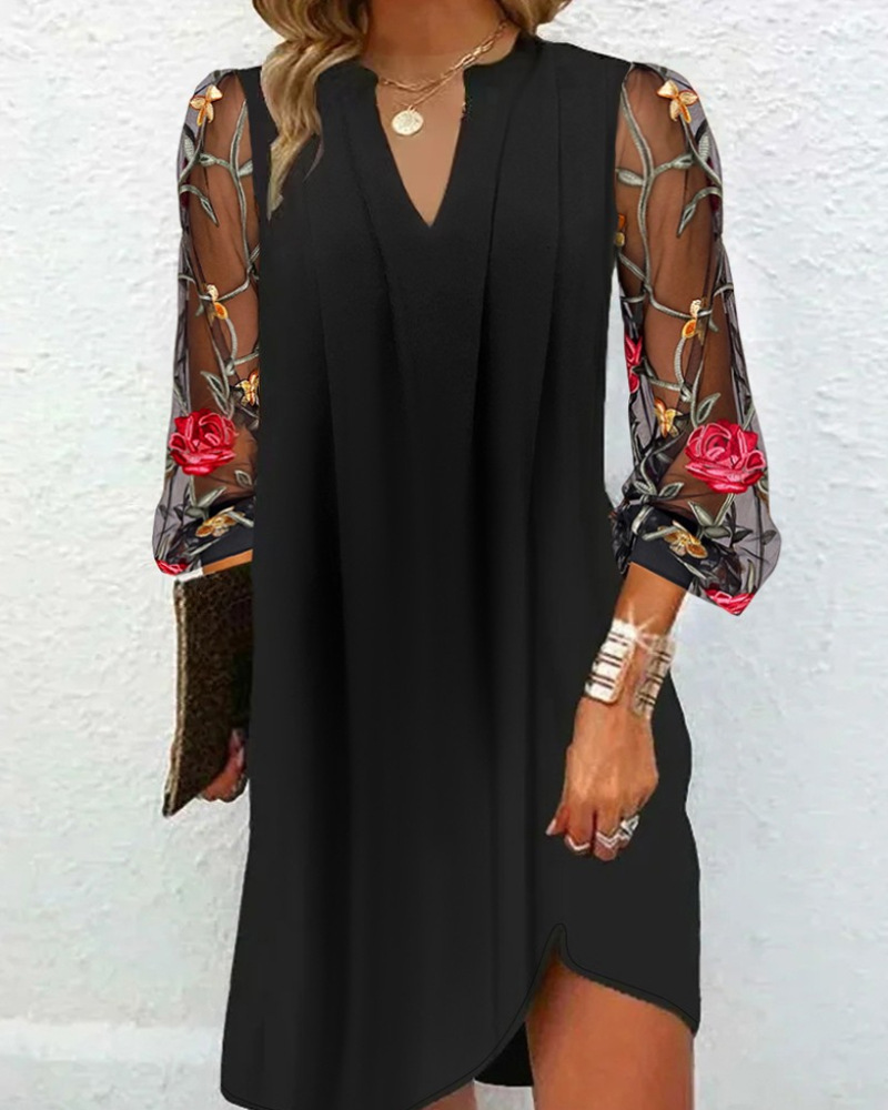 V-Neck Long Sleeve Sheer Floral Pleated Midi Dress
