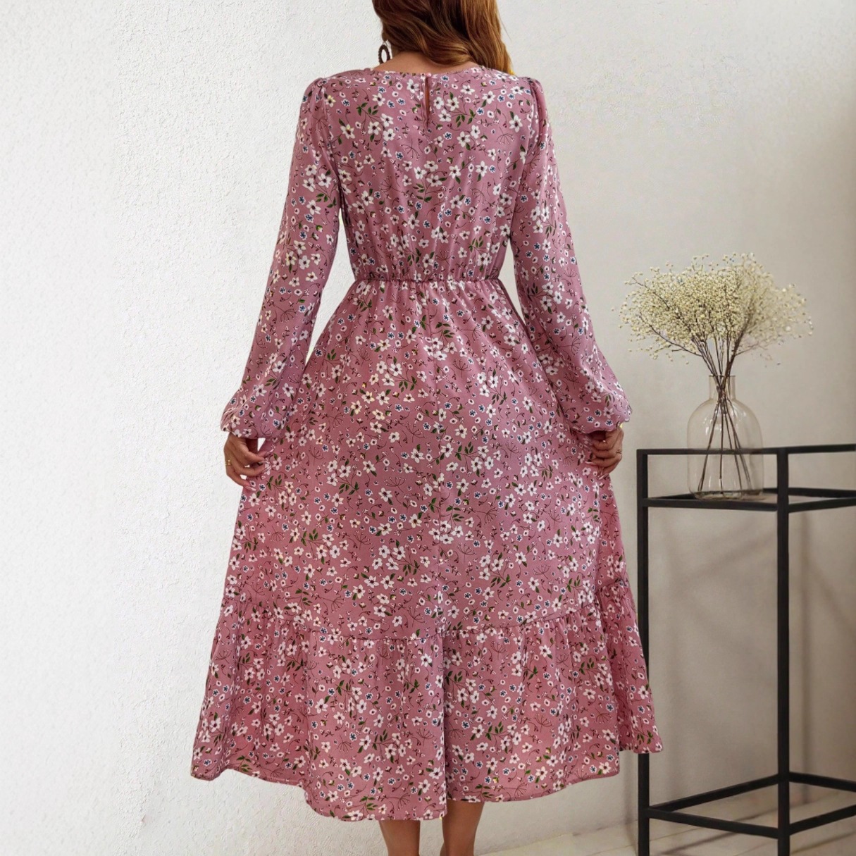 Milk Silk Long Sleeve Floral High Waist A-Line Dress