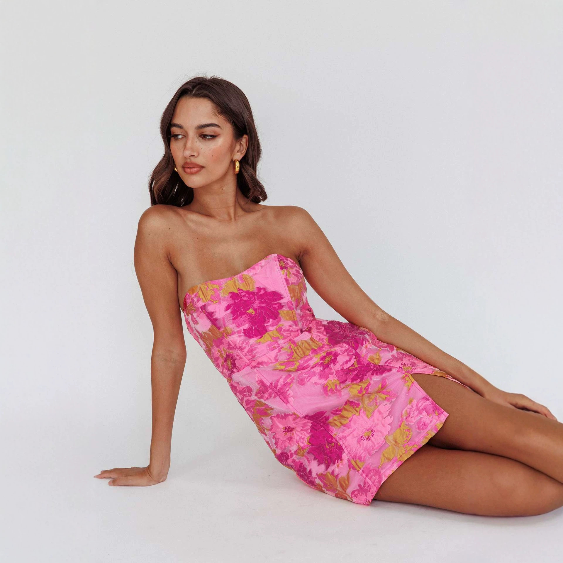 Women's Strapless Backless Floral Slit Bodycon Midi Dress