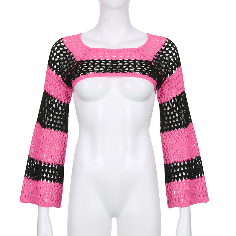 Women's Striped Colorblock Hollow-Out Short Knit Top