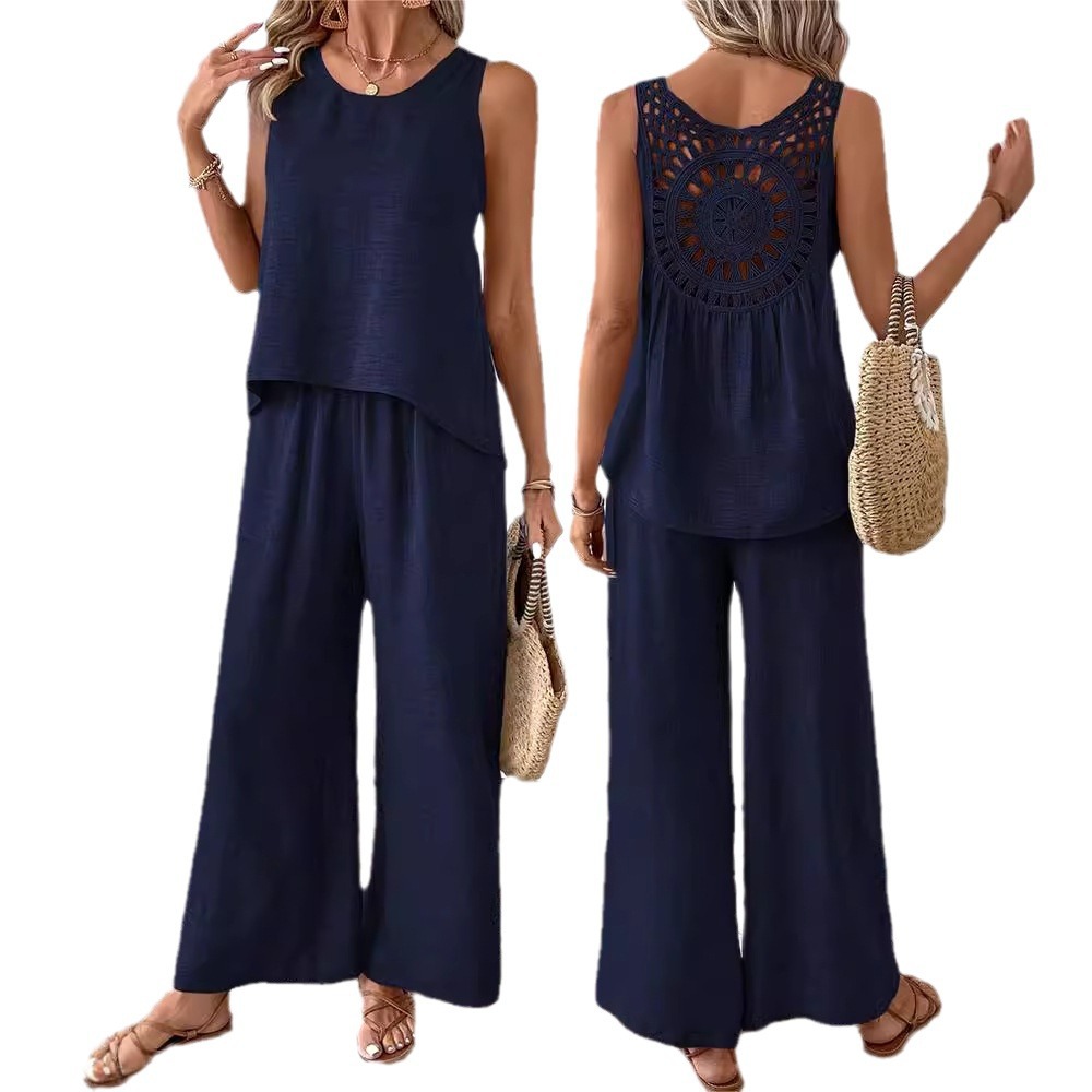 Women's Two-Piece Sleeveless Tank Top and Wide-Leg Pants Set with Hollow-Out Lace Trim