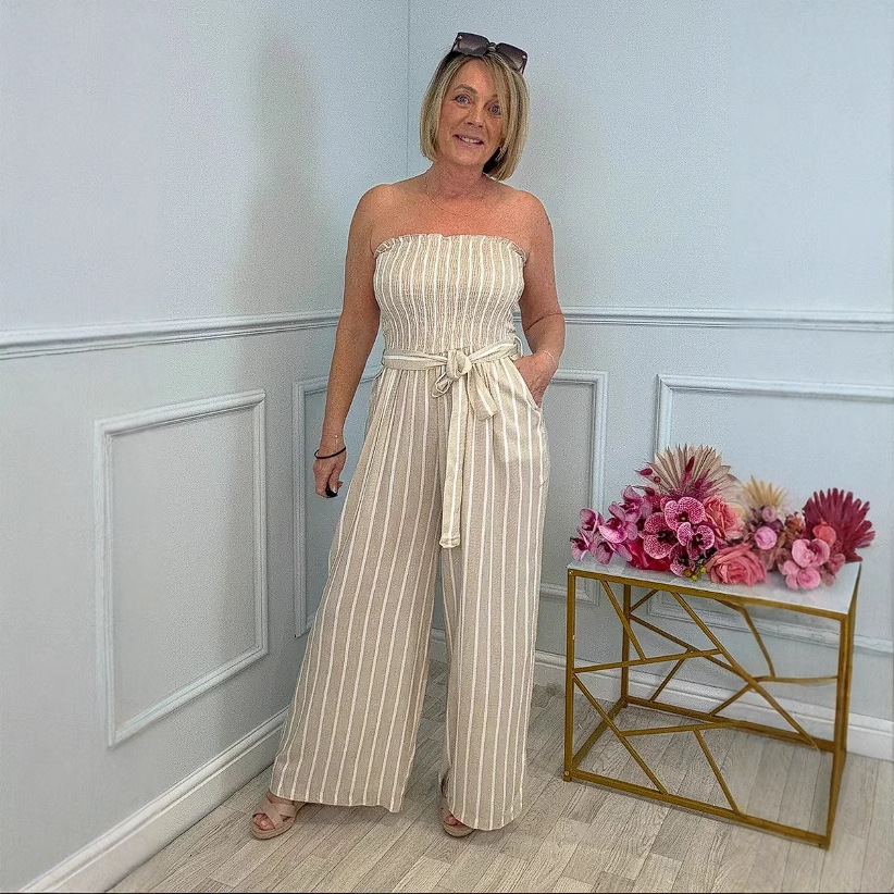 Women's Striped Tie-Waist Sleeveless Jumpsuit with Pockets