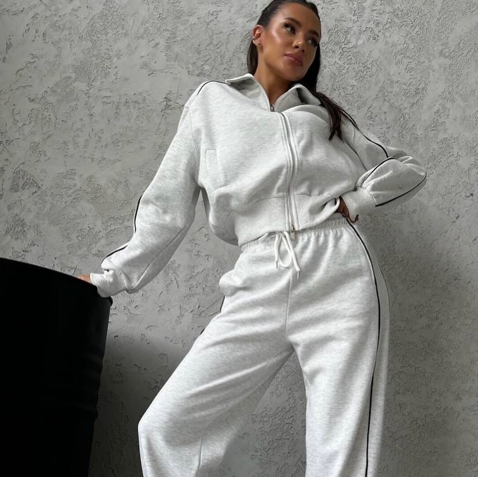 Women's Casual Two-Piece Set Long Sleeve Half-Turtleneck Cardigan Sweatshirt and Striped Drawstring Pants