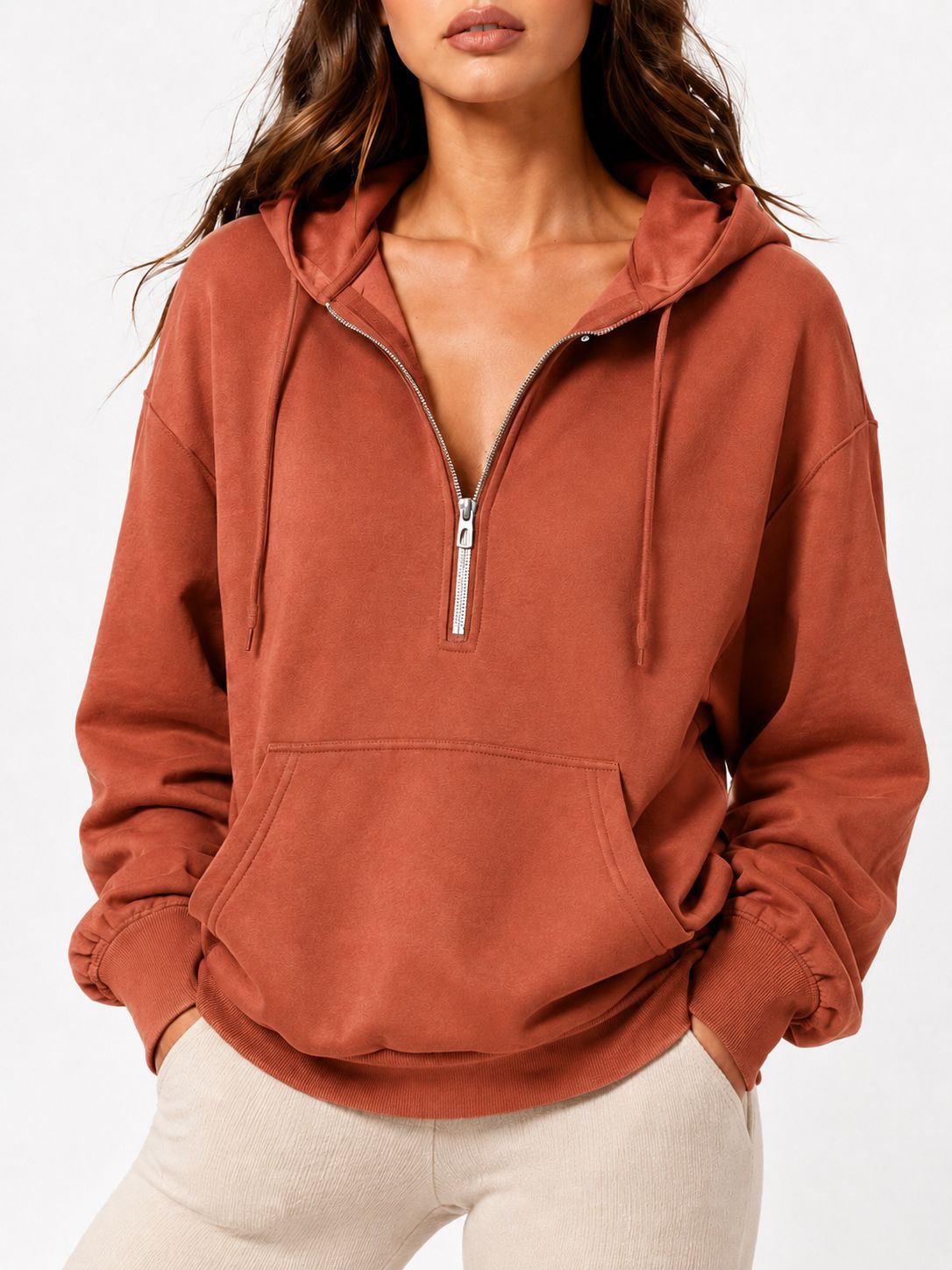 2026 Fall New Cross-Border European and American Loose Hooded Half-Zip Pocket Fall Winter Casual Sweatshirt Women's