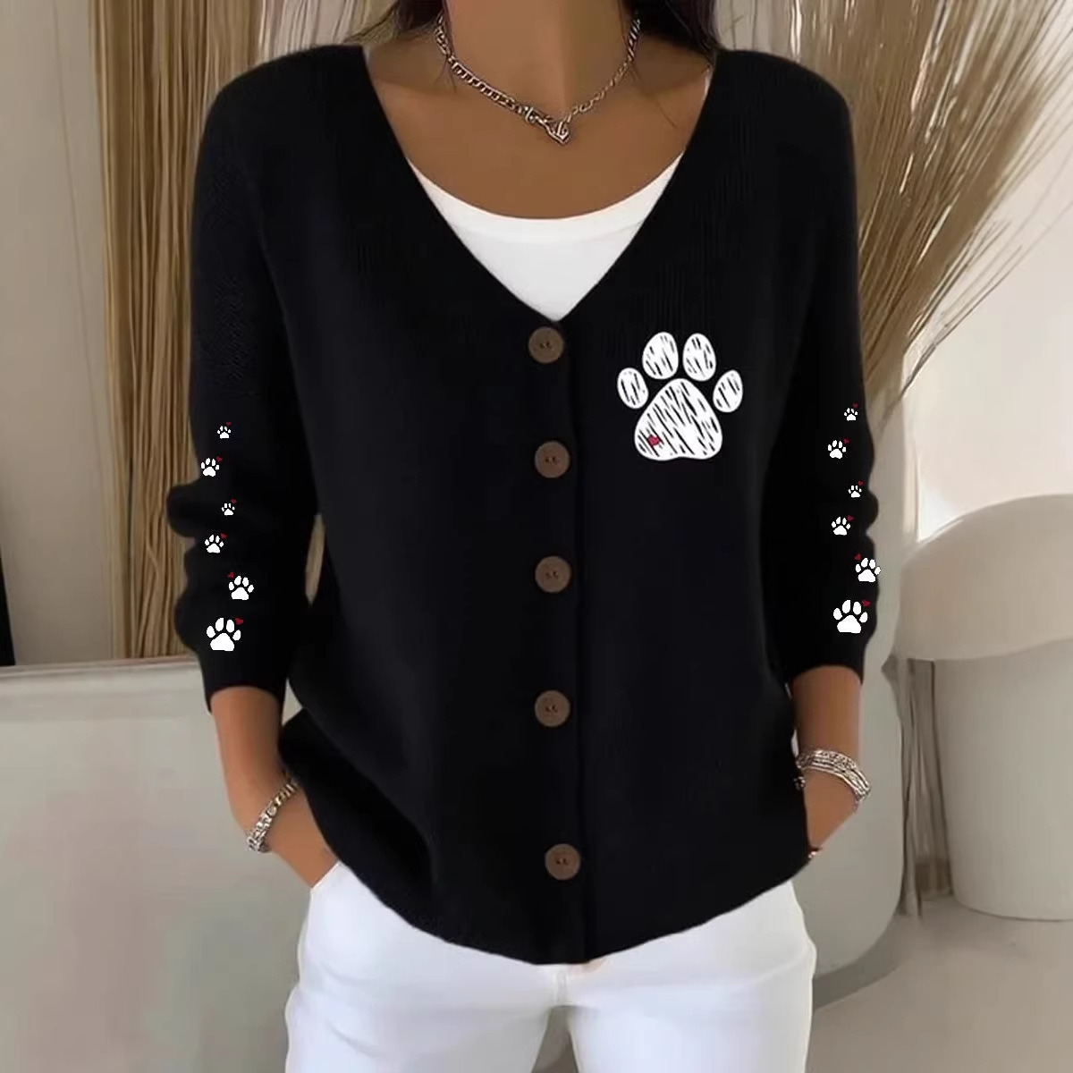 Women's Pet Print Ribbon Ghost Button Cardigan Sweater