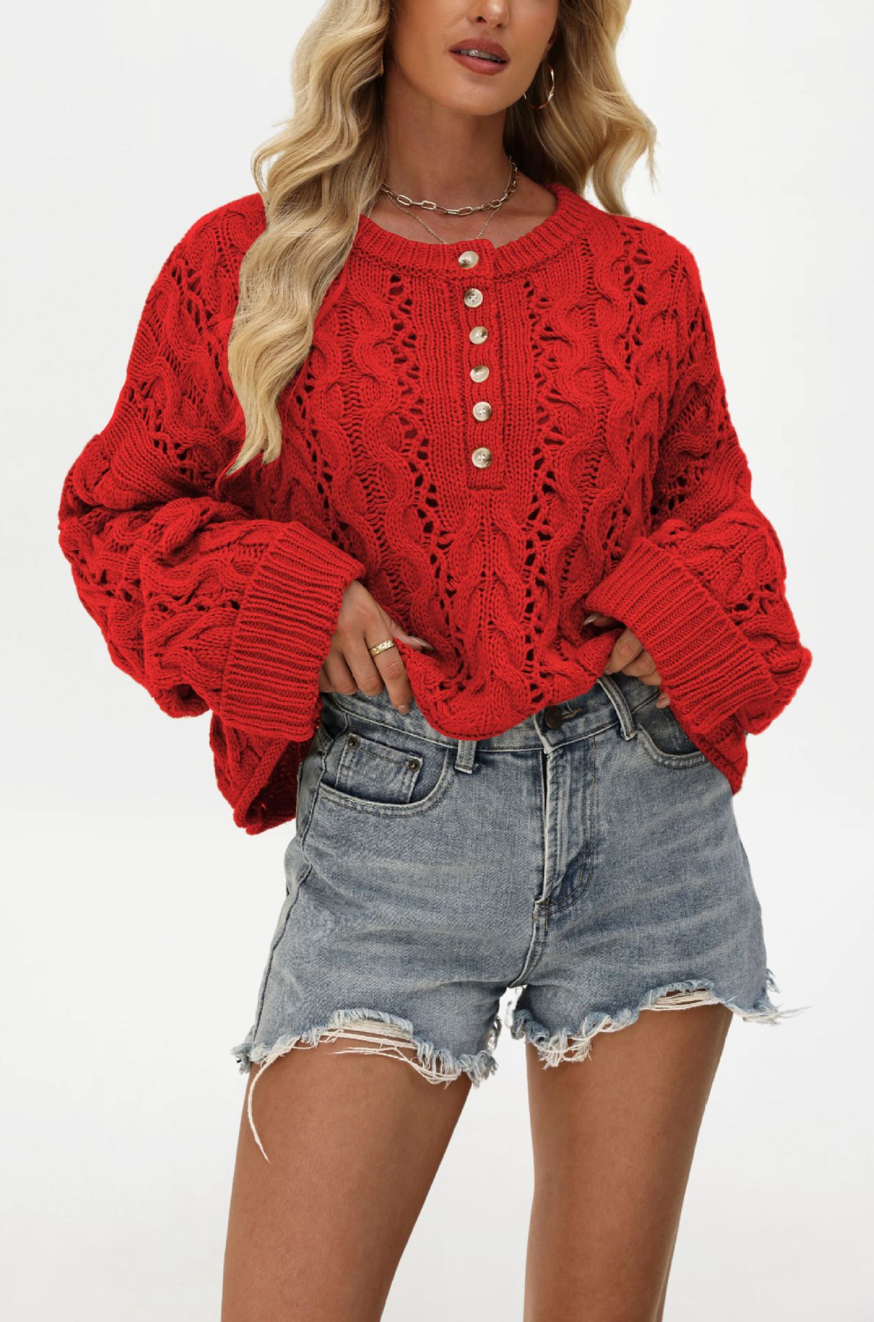 Button-Front Cable-Knit Sweater Loose Fit Solid Crew Neck Short Cardigan