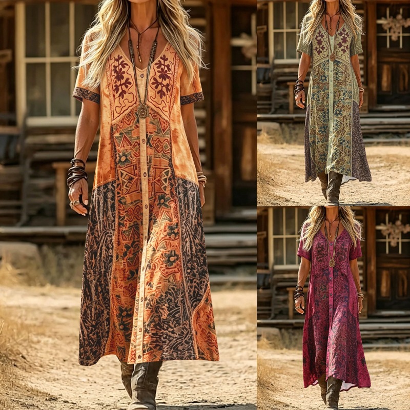 Bohemian Geometric Print V-Neck Button A-Line Midi Dress