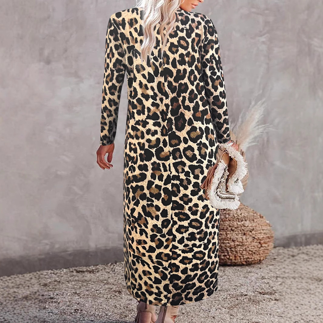 Leopard Print V-Neck Long Sleeve Pullover Shirt Dress
